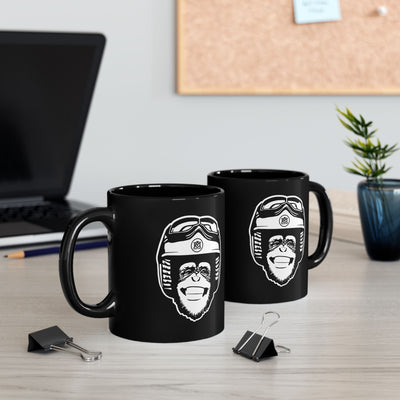 moto monkey design from crown moto in white ink on black ceramic mug, motorcycle lifestyle, motorbikes, gifts for riders, gifts for him, gifts for her, gifts for motorcyclists