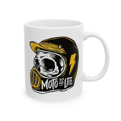 Moto is Life white ceramic coffee mugs, motorcycle lifestyle, live to ride, ride to live, skull