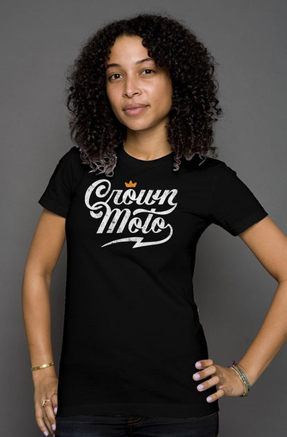 Crown Moto script logo printed on the chest of premium short sleeve women's shirt