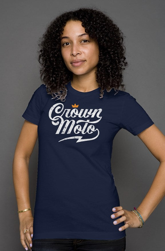 Crown Moto script logo printed on the chest of premium short sleeve women's shirt