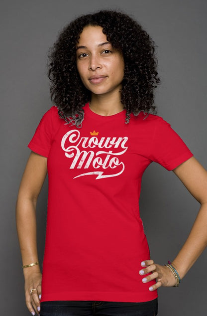 Crown Moto script logo printed on the chest of premium short sleeve women's shirt