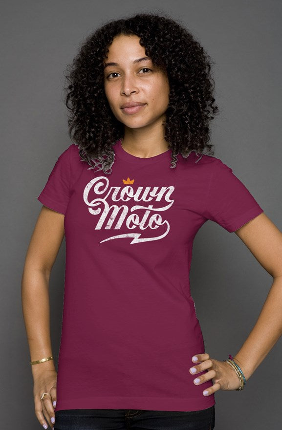 Crown Moto script logo printed on the chest of premium short sleeve women's shirt