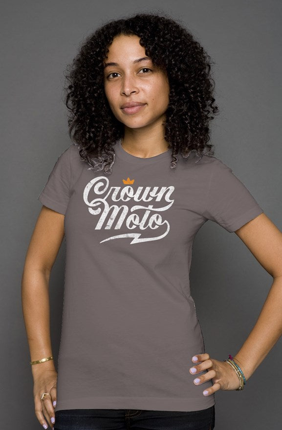 Crown Moto script logo printed on the chest of premium short sleeve women's shirt