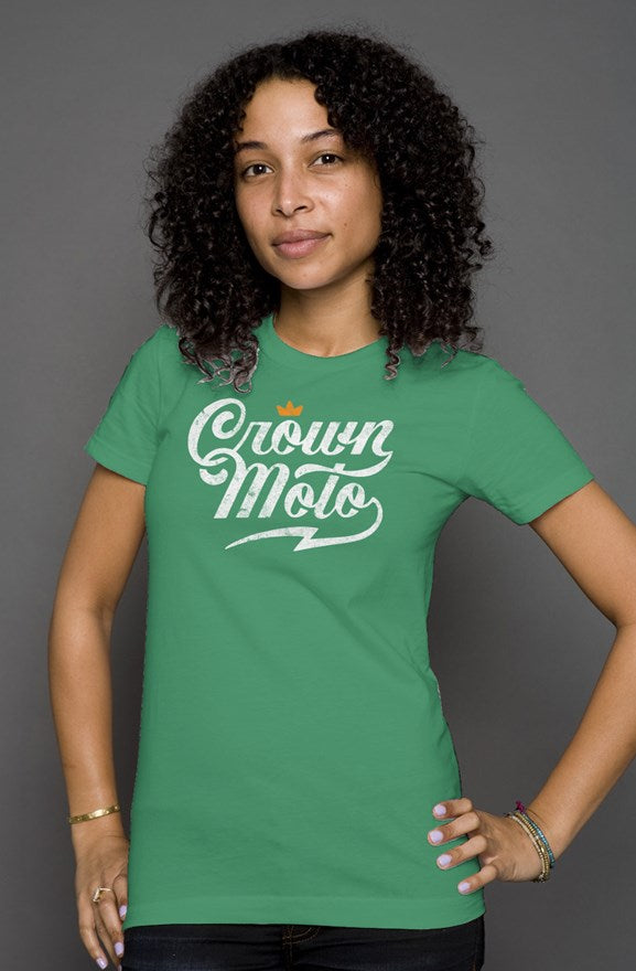 Crown Moto script logo printed on the chest of premium short sleeve women's shirt