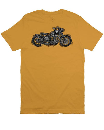Wobbly Bobber motorcycle design by Henri printed on chest of premium unisex short sleeve shirt