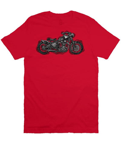 Wobbly Bobber motorcycle design by Henri printed on chest of premium unisex short sleeve shirt