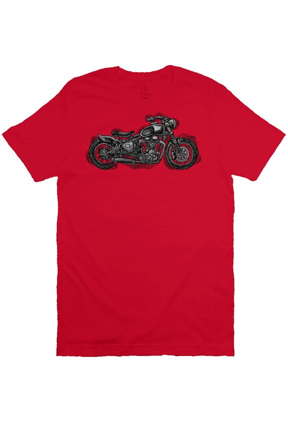 Wobbly Bobber motorcycle design by Henri printed on chest of premium unisex short sleeve shirt