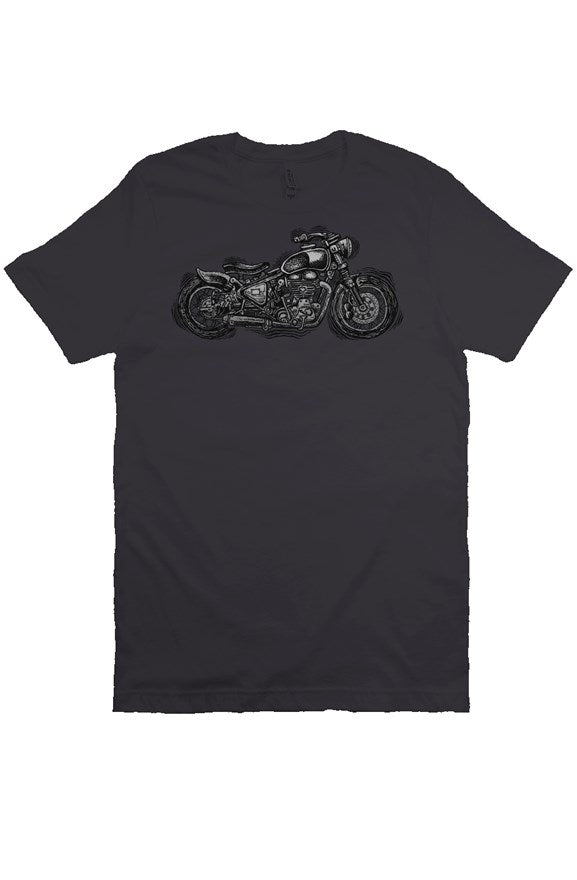 Wobbly Bobber motorcycle design by Henri printed on chest of premium unisex short sleeve shirt