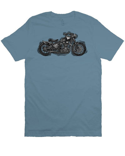 Wobbly Bobber motorcycle design by Henri printed on chest of premium unisex short sleeve shirt