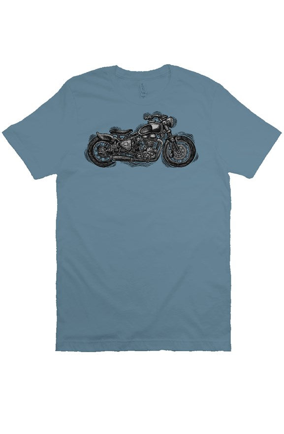 Wobbly Bobber motorcycle design by Henri printed on chest of premium unisex short sleeve shirt