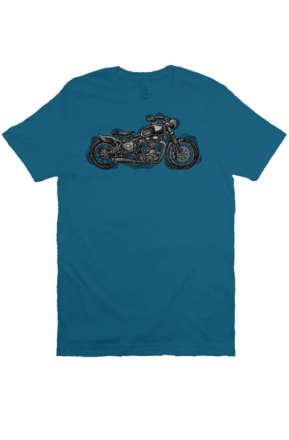 Wobbly Bobber motorcycle design by Henri printed on chest of premium unisex short sleeve shirt