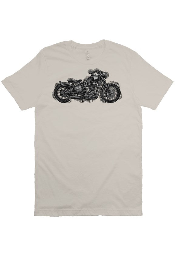 Wobbly Bobber motorcycle design by Henri printed on chest of premium unisex short sleeve shirt