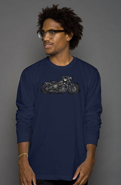 Wobbly Bobber motorcycle design by Henri printed on chest of premium long sleeve shirt