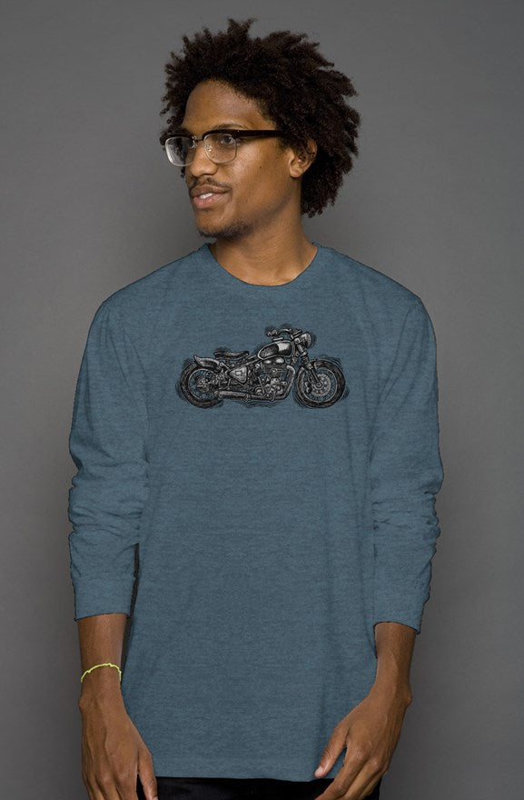 Wobbly Bobber motorcycle design by Henri printed on chest of premium long sleeve shirt