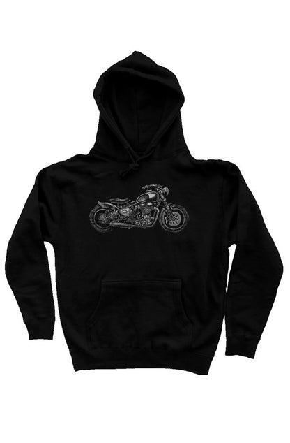 Wobbly Bobber motorcycle design by Henri printed on chest of premium hooded sweatshirt