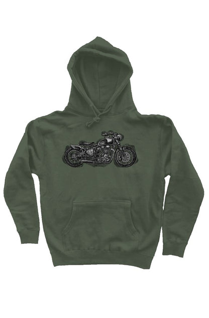 Wobbly Bobber motorcycle design by Henri printed on chest of premium hooded sweatshirt