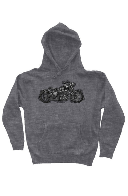 Wobbly Bobber motorcycle design by Henri printed on chest of premium hooded sweatshirt