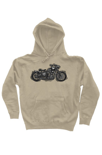 Wobbly Bobber motorcycle design by Henri printed on chest of premium hooded sweatshirt