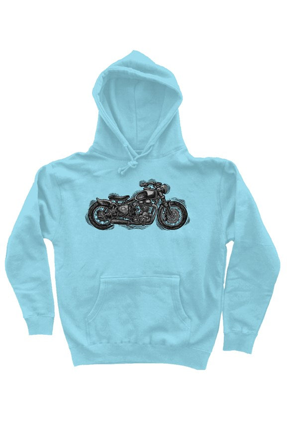 Wobbly Bobber motorcycle design by Henri printed on chest of premium hooded sweatshirt