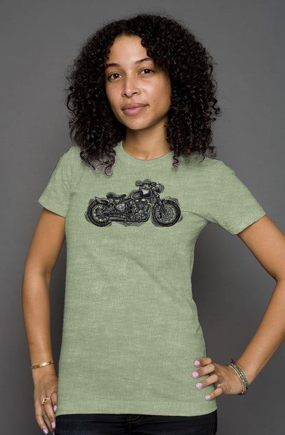 Wobbly Bobber motorcycle design by Henri printed on chest of women's heather short sleeve t-shirt