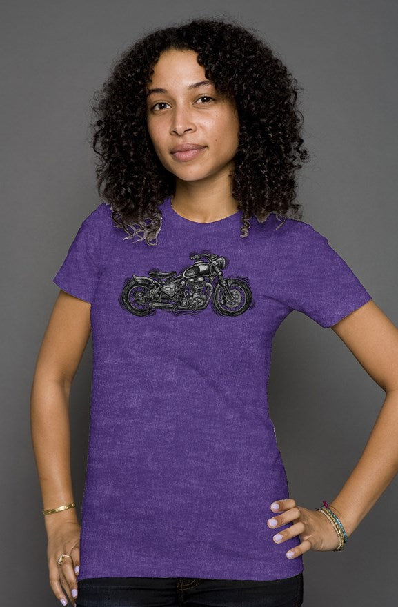 Wobbly Bobber motorcycle design by Henri printed on chest of women's heather short sleeve t-shirt