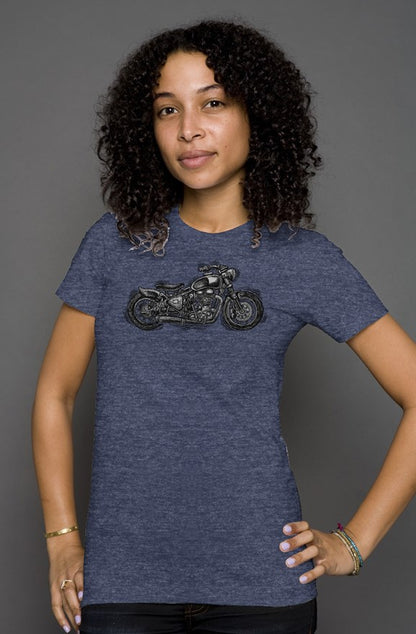 Wobbly Bobber motorcycle design by Henri printed on chest of women's heather short sleeve t-shirt