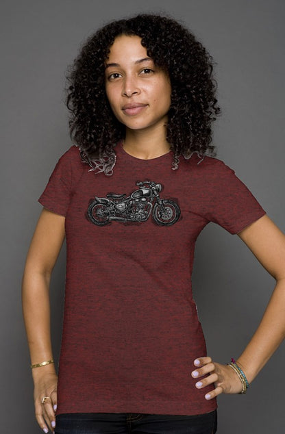 Wobbly Bobber motorcycle design by Henri printed on chest of women's heather short sleeve t-shirt