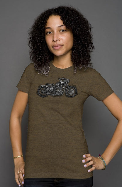 Wobbly Bobber motorcycle design by Henri printed on chest of women's heather short sleeve t-shirt