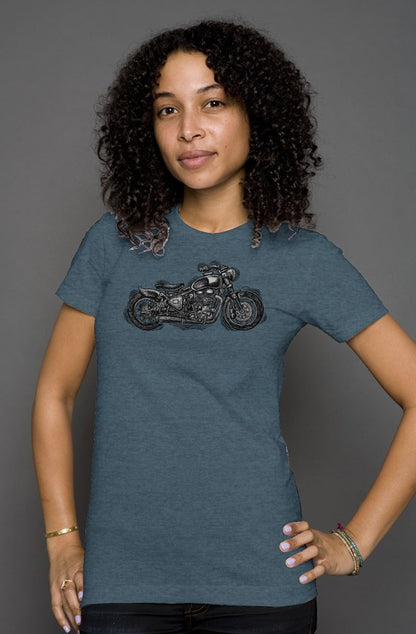 Wobbly Bobber motorcycle design by Henri printed on chest of women's heather short sleeve t-shirt