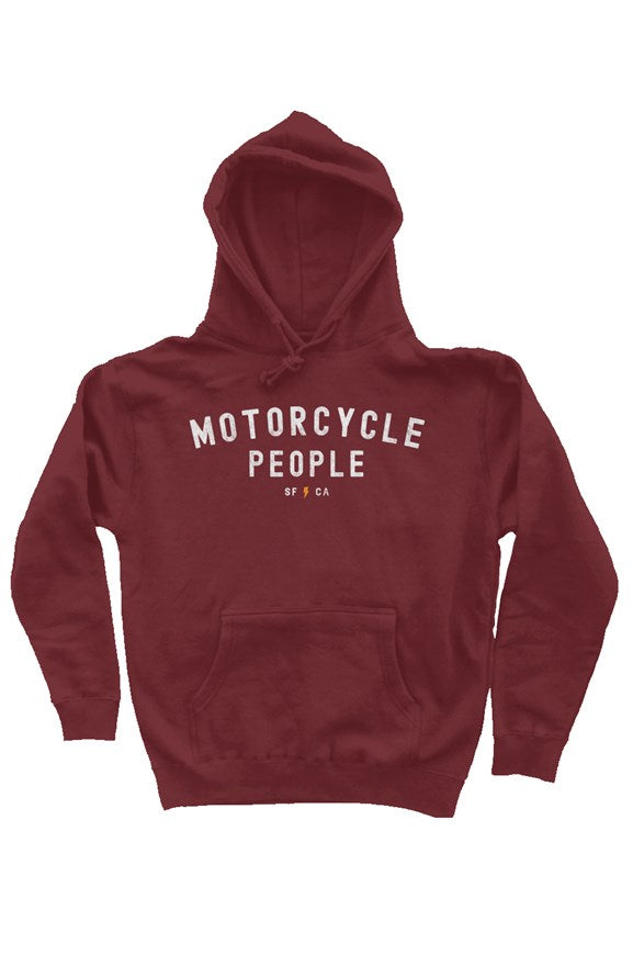 "Motorcycle People" printed across the chest of premium hooded sweatshirt