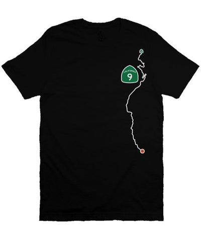 CA Highway 9 Locals design on left side of unisex short sleeve t-shirt