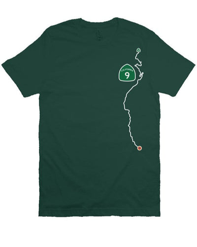 CA Highway 9 Locals design on left side of unisex short sleeve t-shirt
