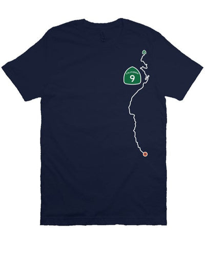 CA Highway 9 Locals design on left side of unisex short sleeve t-shirt