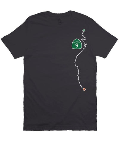 CA Highway 9 Locals design on left side of unisex short sleeve t-shirt