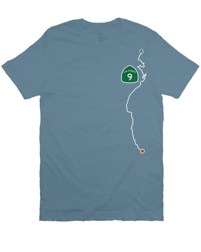 CA Highway 9 Locals design on left side of unisex short sleeve t-shirt