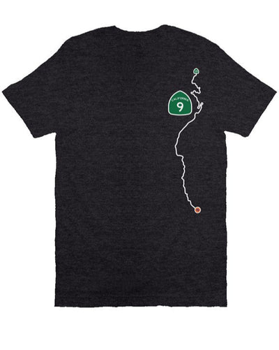 CA Highway 9 Locals design on left side of unisex short sleeve t-shirt