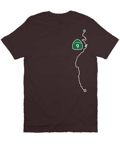 CA Highway 9 Locals design on left side of unisex short sleeve t-shirt