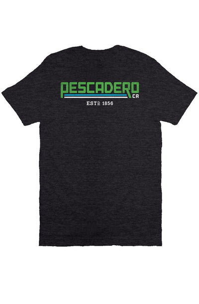 Original Pescadero CA design printed across chest of unisex short sleeve t-shirt