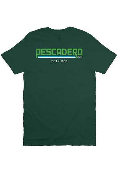 Original Pescadero CA design printed across chest of forest green unisex short sleeve t-shirt