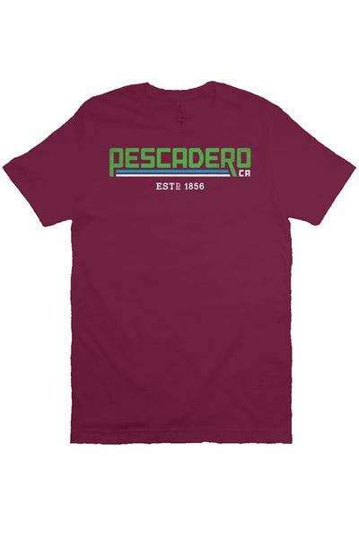 Original Pescadero CA design printed across chest of maroon unisex short sleeve t-shirt