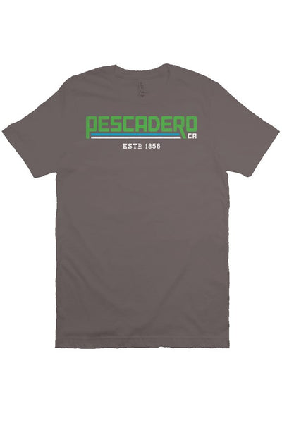 Original Pescadero CA design printed across chest of unisex short sleeve t-shirt