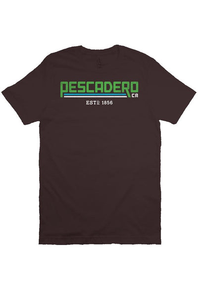 Original Pescadero CA design printed across chest of unisex short sleeve t-shirt