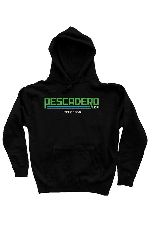 Original Pescadero CA design printed across chest of premium hooded sweatshirt