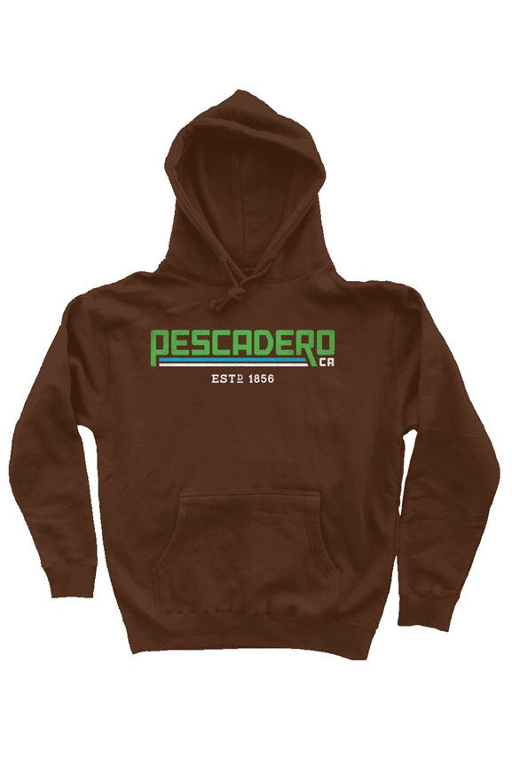 Original Pescadero CA design printed across chest of premium hooded sweatshirt