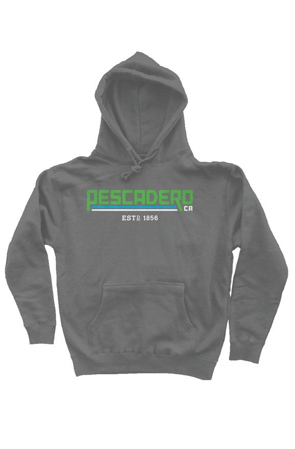 Original Pescadero CA design printed across chest of premium hooded sweatshirt