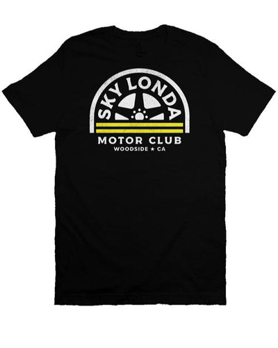 "Sky Londa Motor Club" woodside roller logo printed on chest of heather short sleeve t-shirt