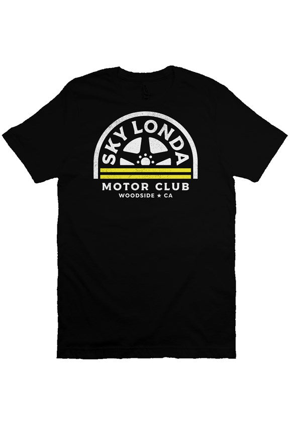 "Sky Londa Motor Club" woodside roller logo printed on chest of heather short sleeve t-shirt