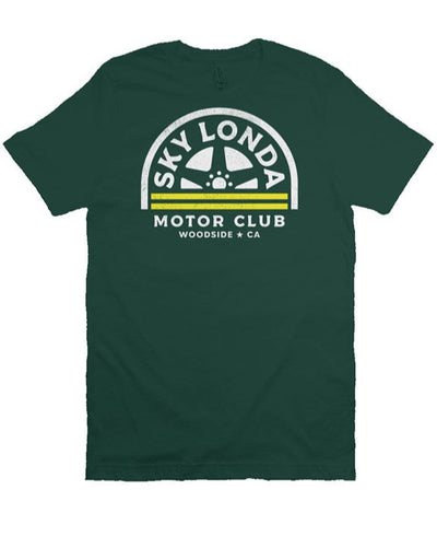 "Sky Londa Motor Club" woodside wheel logo printed on chest of heather short sleeve t-shirt