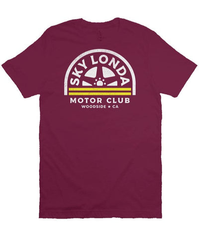 "Sky Londa Motor Club" woodside wheel logo printed on chest of heather short sleeve t-shirt