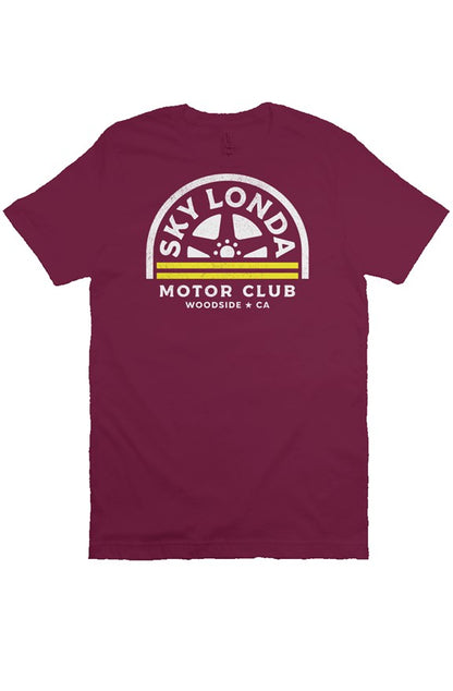 "Sky Londa Motor Club" woodside wheel logo printed on chest of heather short sleeve t-shirt